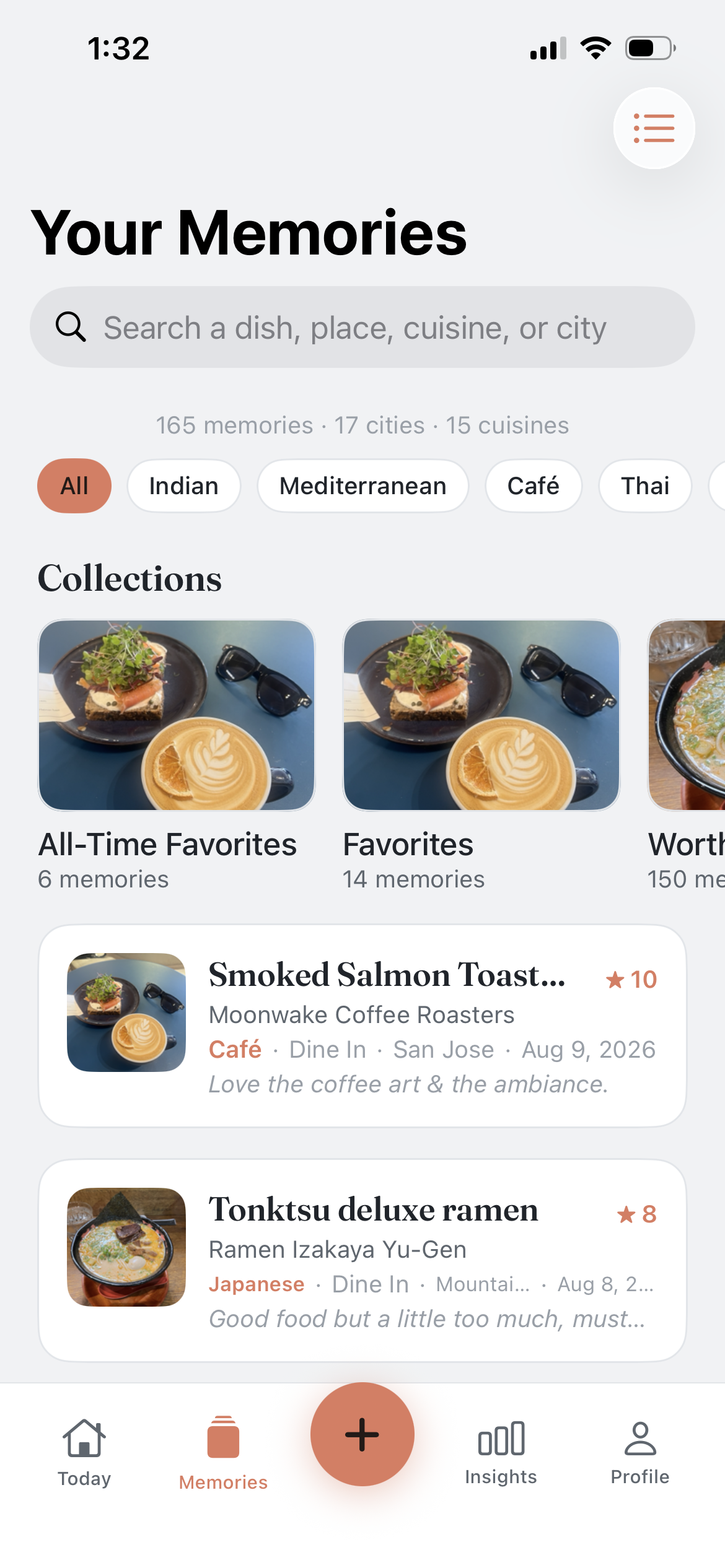 The Palate app showing a list of food memories with photos, ratings and places